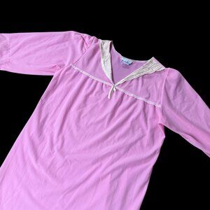Vintage Pink Nightgown 1X White Lace Accent Collar 80s NightTime Creations USA